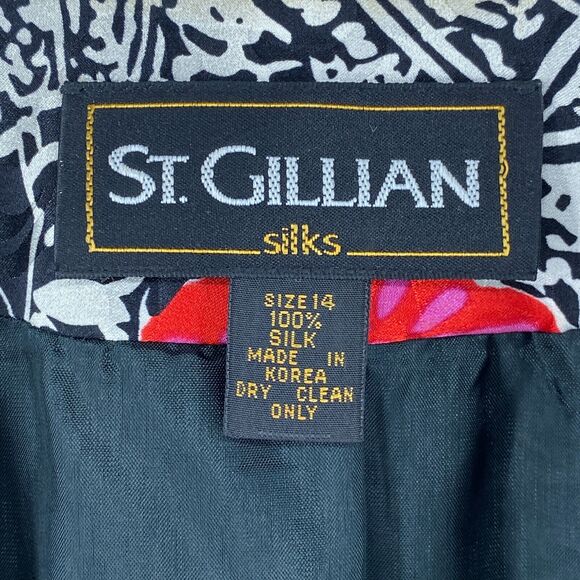 ST. GILLIAN Blazer 14 Silks Abstract Floral Faux Cami Button Front Black Red Vtg - Picture 11 of 16